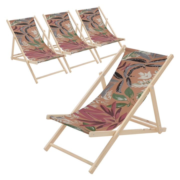 4x Плажни столове ECD Germany от дърво, флорален дизайн кафяво-червено-зелен, шезлонг с 3 регулируеми позиции на наклон, капацитет 120 кг, мебели за тераса, градина, басейн