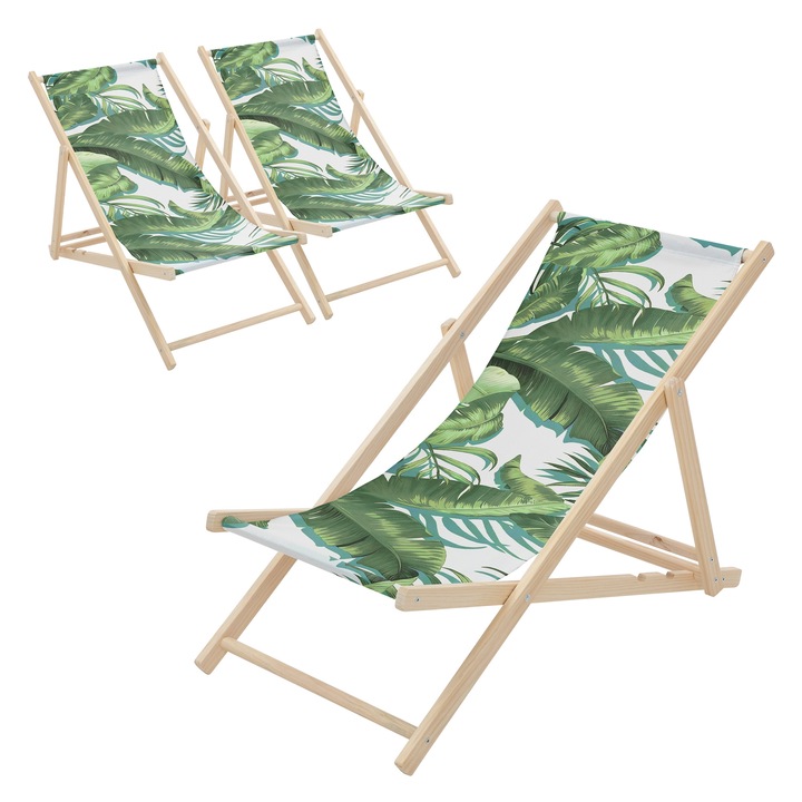 3x плажни стола ECD Germany от дърво, тропически зелено-бял дизайн, шезлонг с 3 регулируеми позиции на наклон, капацитет 120 кг, мебели за тераса, градина, басейн