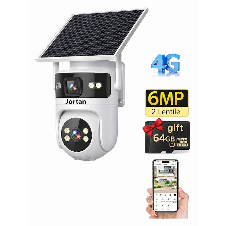 Camera de supraveghere Jortan 6MP 4G, alimentare solară, 2 lentile, vedere color noapte, intercom audio, IP66, set complet cu card 64GB
