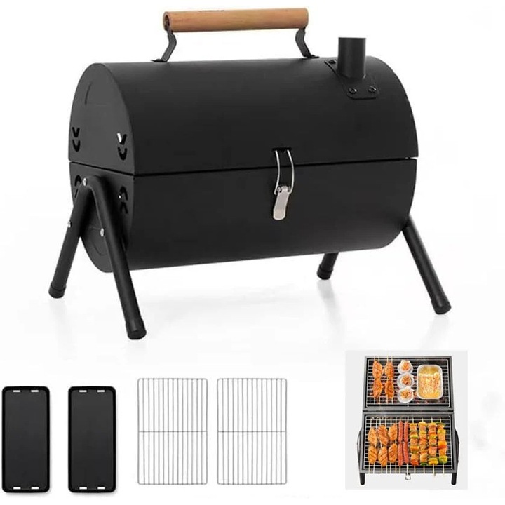 Gratar Portabil cu plita, Circular, Metal 38x25x38cm, Negru mat