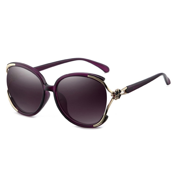 Ochelari de Soare Dama, Polarized Lenses, Flexibil si Durabil, Filtru UV400, Design Fashion Oversized cu Detalii Aurii, din Metal si PC, Marime universala, Violet