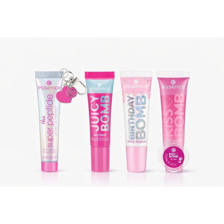 Set 4 luciuri essence juicy bomb, tratament luciu, kiss bomb si blush juicy bomb