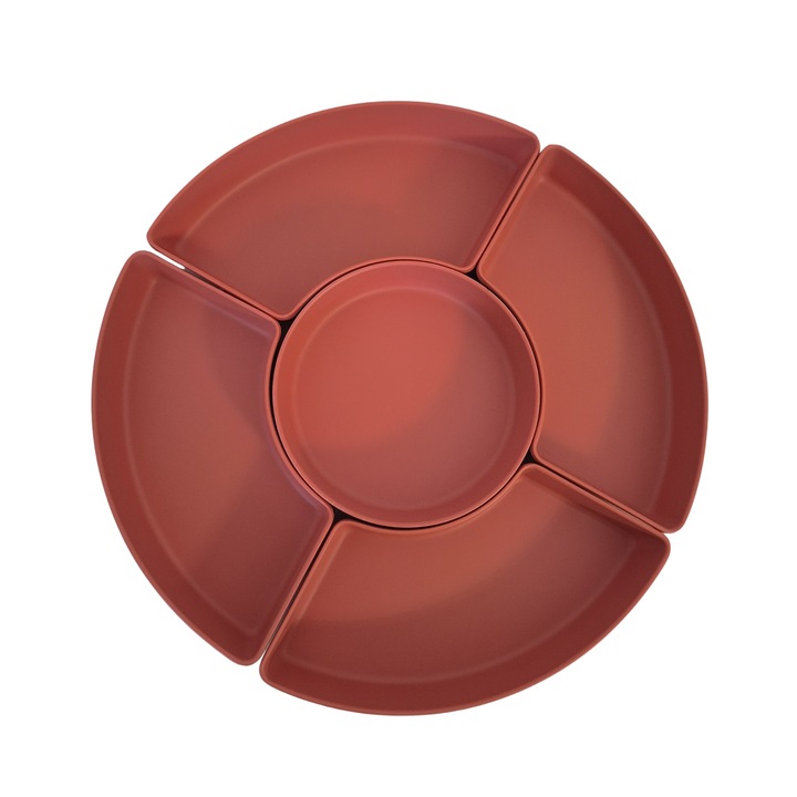 6 részes tálalókészlet, melamin, kerek, rekeszekkel, előételekhez, rágcsálnivalókhoz, snackekhez, szószokhoz - piros