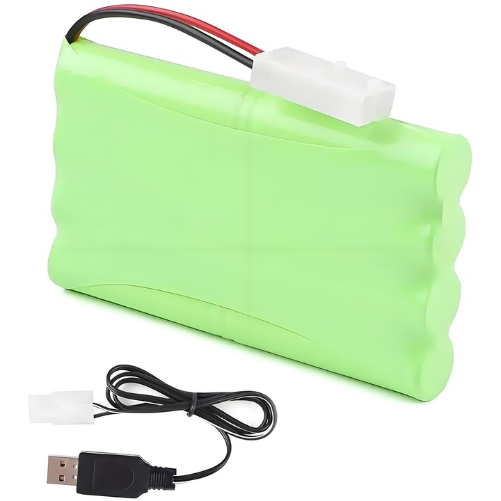 Újratölthető AA akkumulátor 9.6V 2400mAh, YOUKUKE®, csatlakozóval és USB töltőkábellel - Ideális RC autókhoz, teherautókhoz, tankokhoz és hajókhoz - 97*55*14 mm