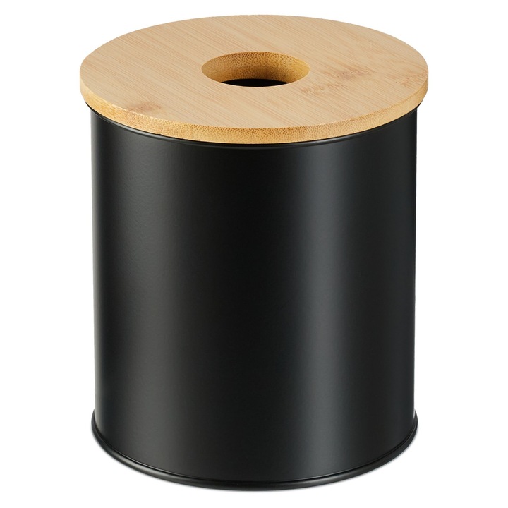 Cos de gunoi pentru cosmetice Relaxdays, 13.5 x 15 cm, Fier/Bambus, Capac detasabil, Negru