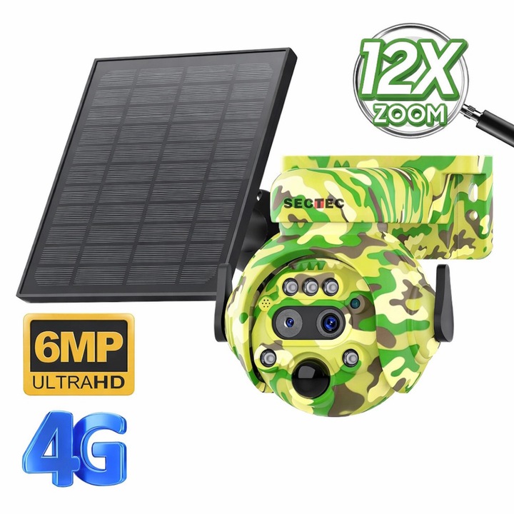 Camera de Vânătoare Sectec ST-515, 6MP, Zoom 12x, 4G LTE cu Panou Solar 3W, Camuflaj