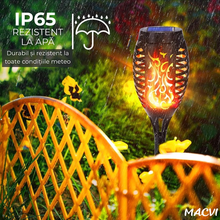 Torta Solara LED Macvi® 96 LED-uri, Efect Real de Flacara, Senzor de Lumina, Alimentare Solara, Rezistenta la Intemperii, Negru