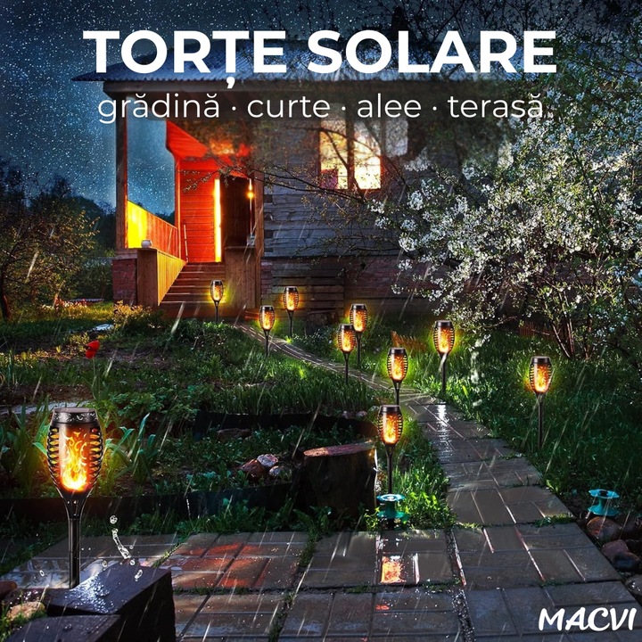 Torta Solara LED Macvi® 96 LED-uri, Efect Real de Flacara, Senzor de Lumina, Alimentare Solara, Rezistenta la Intemperii, Negru