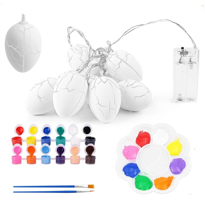 Set Creativ de Paste „Lumina Sarbatorii”, 10 Oua Decorative cu LED-uri pentru Pictat, Kit Complet cu 12 Culori, Pensule si Tavita, Activitate Art & Craft pentru Copii 3-8 Ani, Ghirlanda Luminoasa DIY