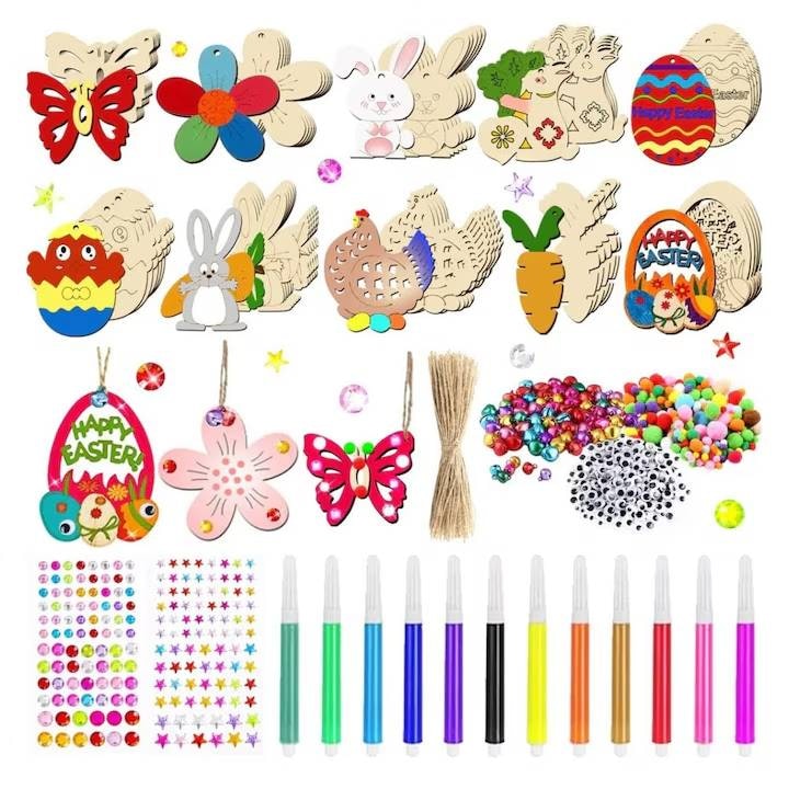 Set Creatie 254 Piese Sarbatori Pascale Pandantive de Paste din lemn pentru colorat si pictat, Decoratiuni de Paste cu sfoara, Artizanat de Paste, Ornamente din lemn
