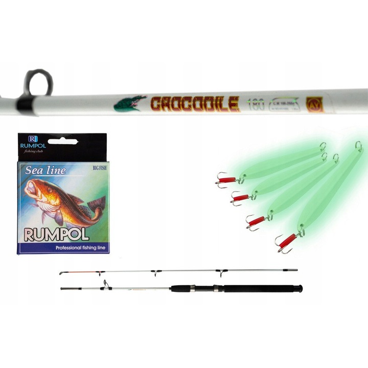 Set complet de pescuit cu lanseta, Rumpol, Crocodile 3M 100-250g, fir Rumpol Sea Line 0.45mm, pilker fluorescent 200g
