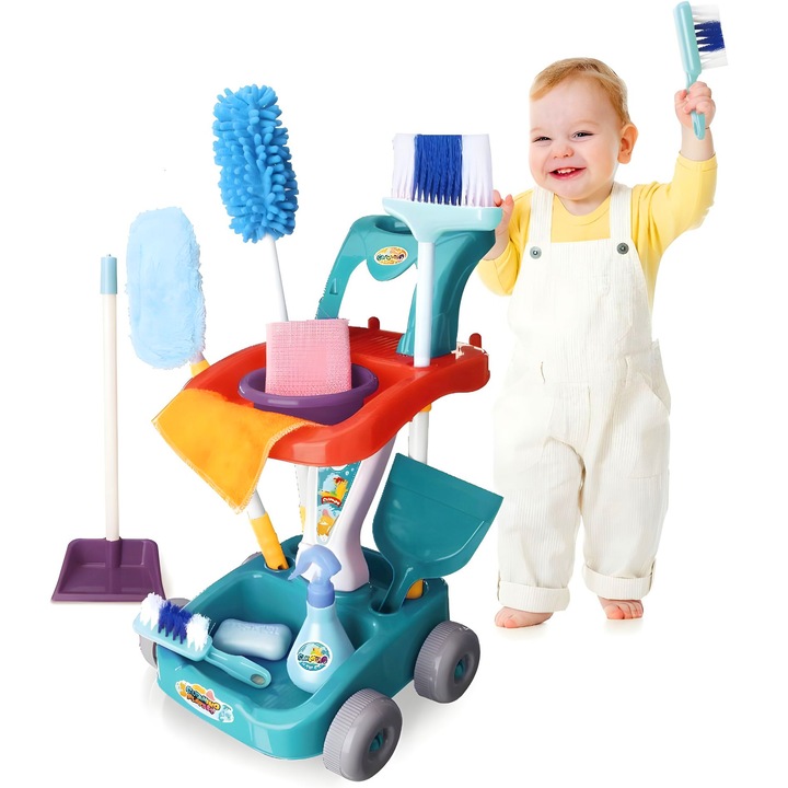 Set de Curatenie pentru Copii Pitikot®, Carucior cu 22 Accesorii, Ideal pentru Imitarea Parintilor si Invatarea Responsabilitatii, Set Complet cu Perii, Matura, Mop si Pulverizator, Cadoul Perfect pentru Micii Gospodari, + 3 Ani, 34 x 28 x 56 cm