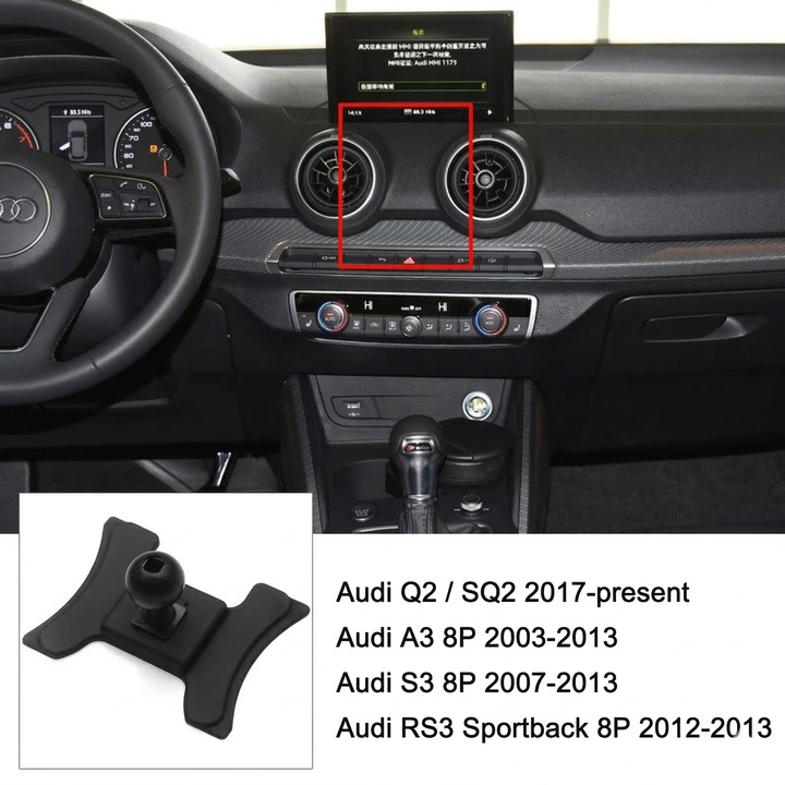 Autós telefontartó, kifejezetten Audi Q2 / SQ2 (2017-től napjainkig), Audi A3 8P (2003-2013), S3 8P (2007-2013), RS3 Sportback 8P (2012-2013) modellekhez – N52 mágneses, teljes készlet