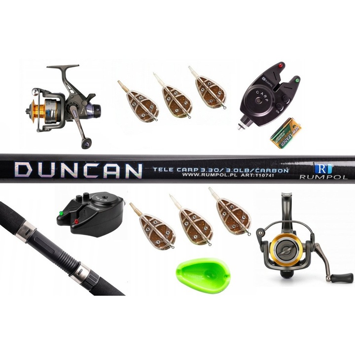 Set complet de pescuit Rumpol, 2x lanseta DUNCAN 3.3M, 2x mulineta BIG CARP 5000, 2x sygnalizator, 108cm