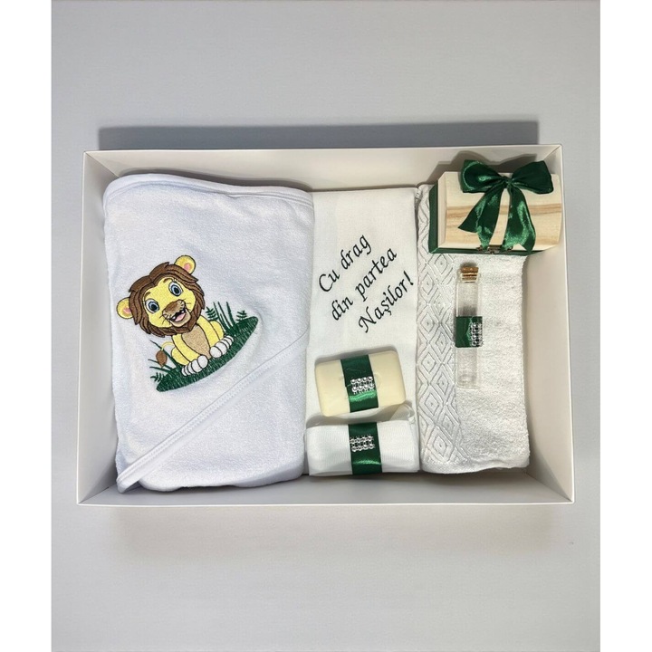 Trusou botez Leu brodat –verde, 7 piese, bumbac