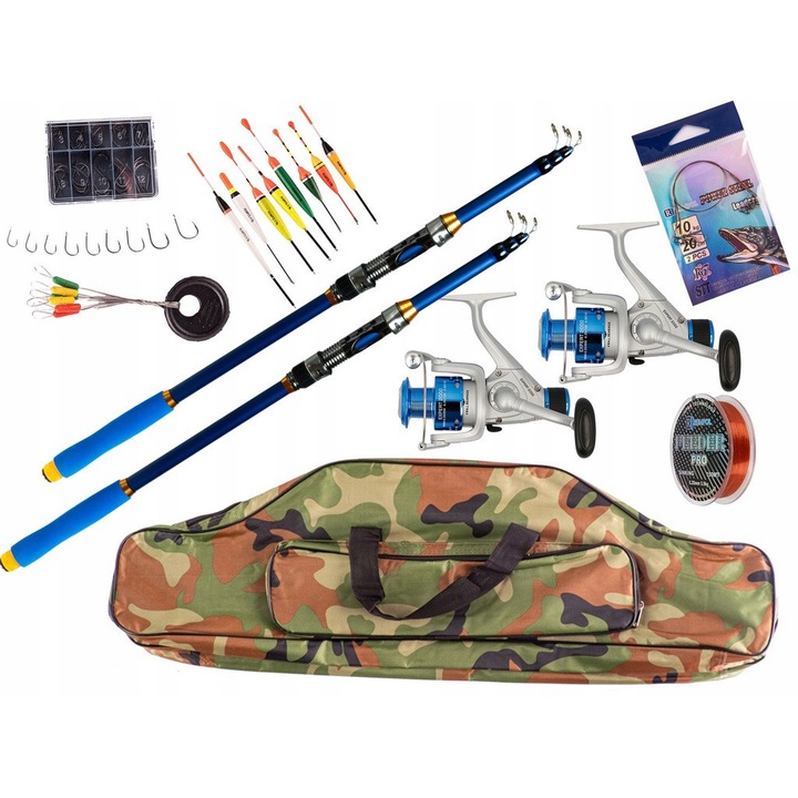 Set complet de pescuit Rumpol, 2x undite telescopice Aqua 2,7m 60-120g, 2x mulinete Expert 2000, accesorii, culoare camuflaj