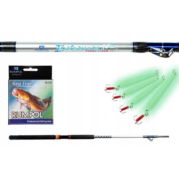 Set complet de pescuit marin Rumpol Bahamas 2.4M 50LBS, fir Rumpol Sea Line 0.45mm, pilker fluorescent 200g