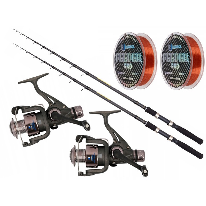 Set complet lansete pescuit Rumpol, 2x telescopice Hunter SP 3,9M, 2x colovrotki Tucson 3000, 2x zylki Feeder Pro, 59cm