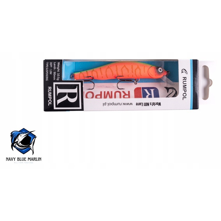 Wobler Rumpol 90mm, 10.5g, 1-2m, sistem Long Cast, design realist, pentru prinderea pestilor dragalasi