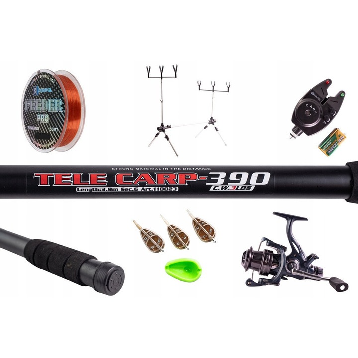 Set complet de pescuit Rumpol, lanseta telescopica 3,9m 3Lbs, mulineta Fortress 3000, suport Rod Pod, accesorii