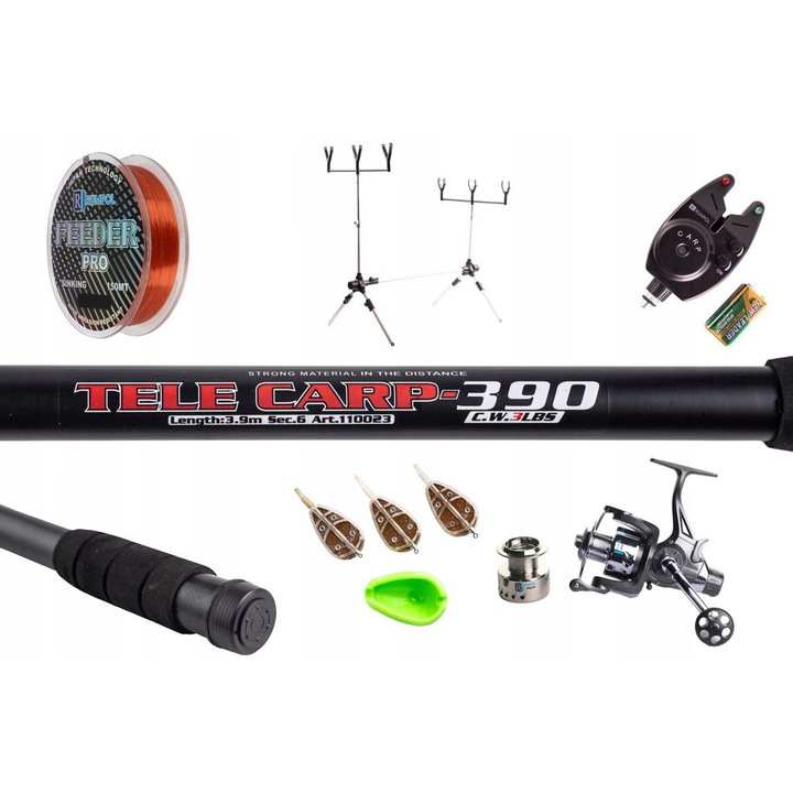 Set complet de pescuit Rumpol, lanseta telescopica 3,9m 3Lbs, mulineta Carp 5000 cu liber