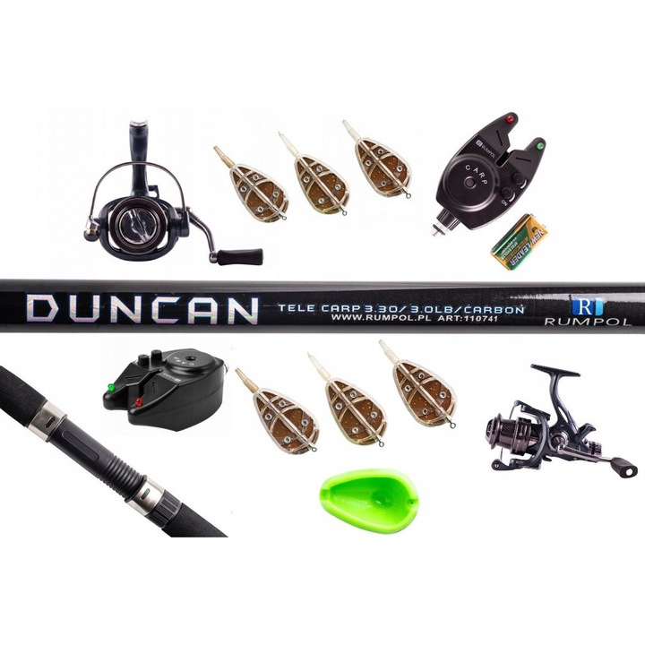 Set complet de pescuit Rumpol, 2x lanseta DUNCAN 3.9M 3.0LBS, 2x mulineta FORTRESS 40, 2x sygnalizator RUMPOL CARP