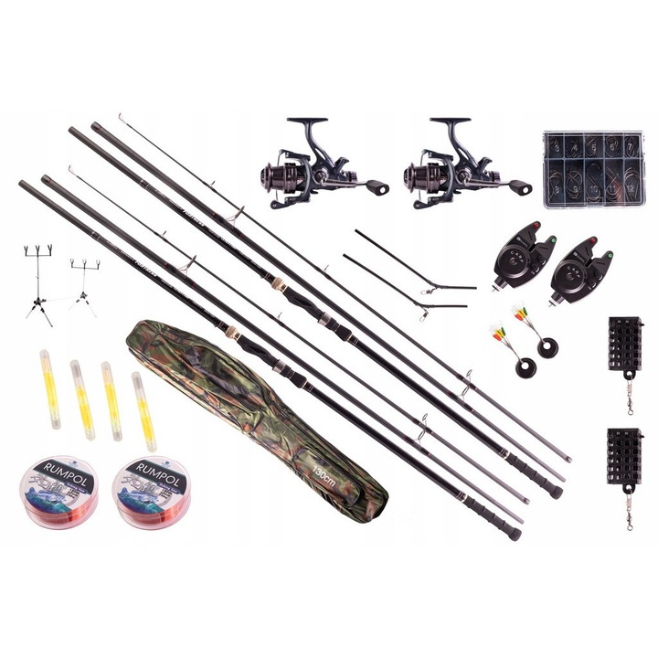 Set de pescuit Rumpol Exclusive Fortress, 2x lanseta 3.9M 100% carbon, 2x mulineta, suport Rod Pod, accesorii gratuite