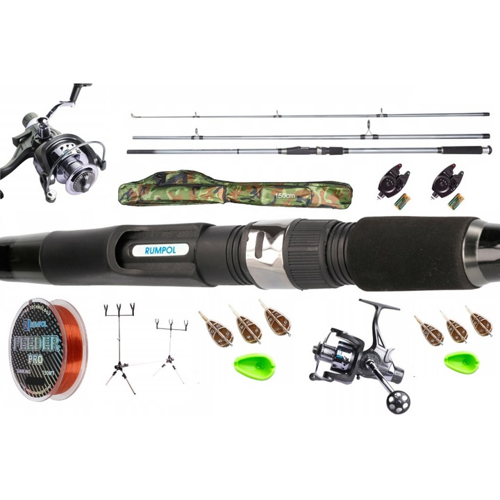 Set complet de pescuit Rumpol, 2x lanseta Hunter Carp 3,3m, 2x mulineta Carp 5000, Rod Pod, 150cm, camuflaj MORO