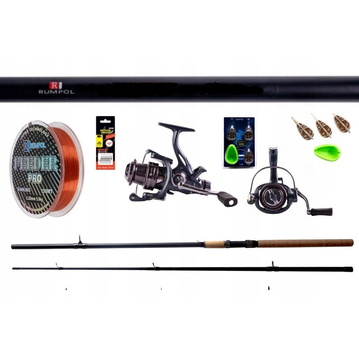 Set pescuit cu lanseta, Method Feeder Rumpol, 2x lansete carbon 3,3m 60-150g, 2x mulinete cu liber, accesorii