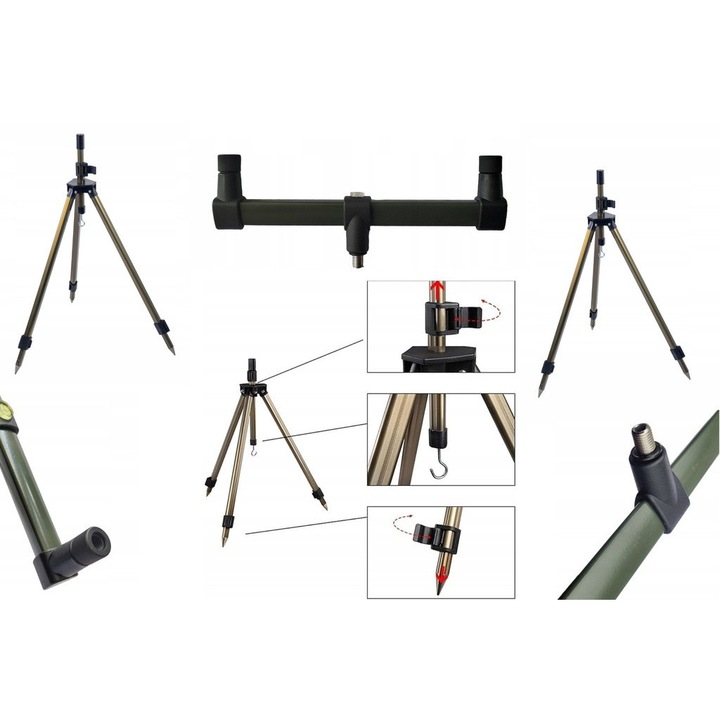 Set suport pentru pescuit Rumpol, trojnog 120cm, buzz bar cu nivela, culoare oliv, negru