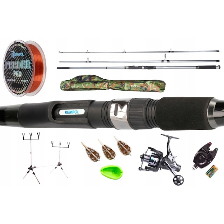 Set lansete pescuit Rumpol Hunter Carp 3,3m, mulineta 5000, Rod Pod, accesorii, 150cm