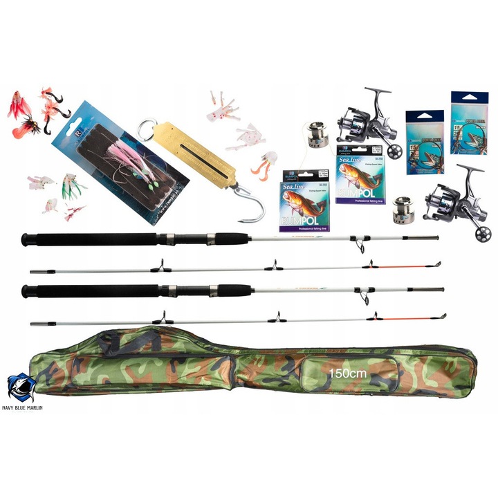 Set de pescuit marin Rumpol 2x lanseta CROCODILE 2.7M/3M 100-250G, 2x mulineta CARP 4000, 30 accesorii, greutate 100kg