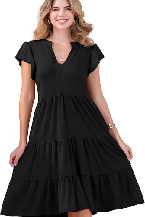 Rochie de vara pentru femei Allegra K cu maneci, rochie midi cu volane, decolteu in V in straturi si buzunare, negru, marime XL