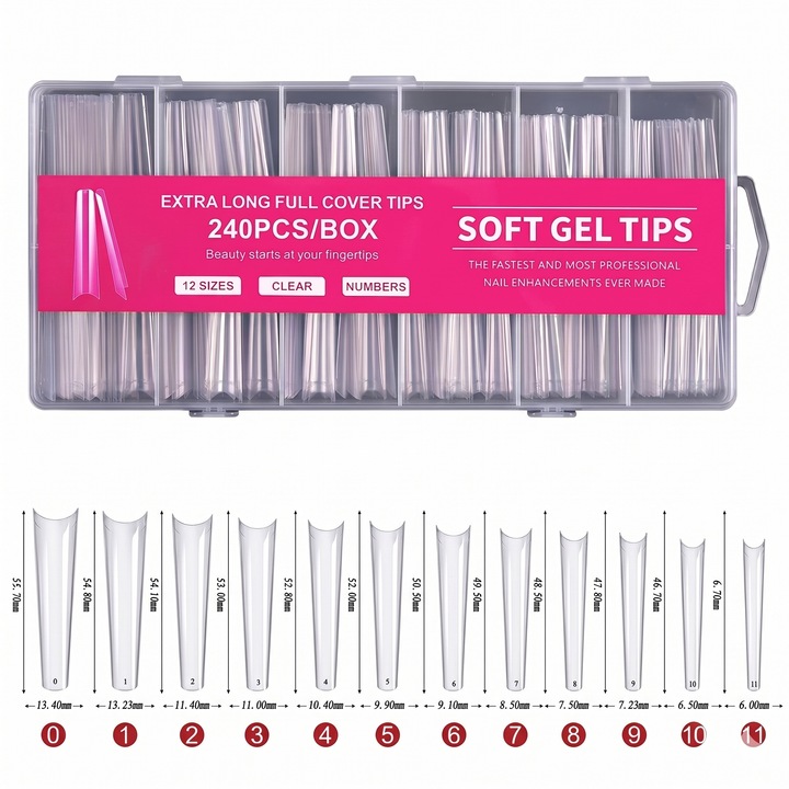Set 240 Bucati Unghii False Profesionale TITECK™, Soft Gel Tips Extra Long C-Curve Square, Reutilizabile, 12 Marimi, Transparent, Eticheta Roz