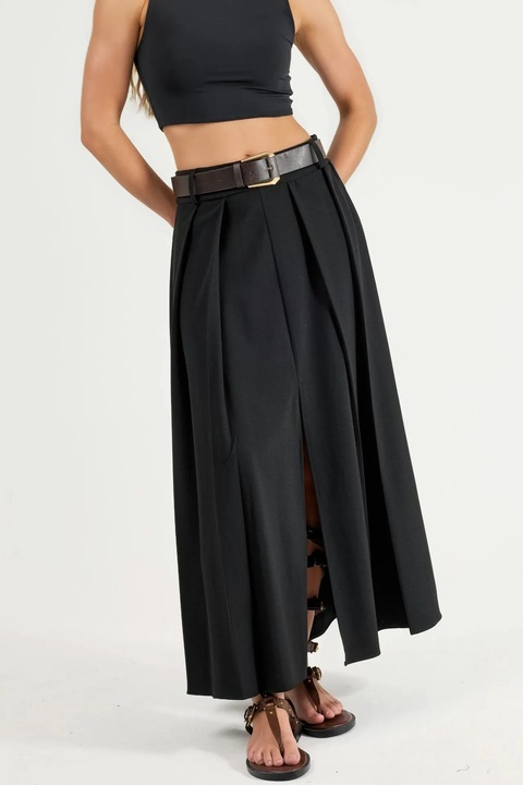 Fusta maxi plisata cu talie inalta si curea QU STYLE, neagra, poliester, casual