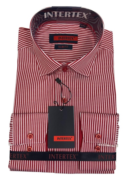 Férfi ing, piros fehér csíkokkal, hosszú ujjú, pamut-poliészter, méret 37-38