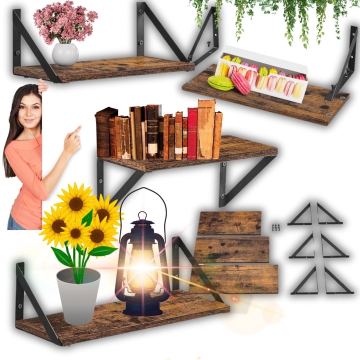 Set rafturi suspendate din lemn, 3 bucati, vintage, 30x12x11cm, 35x12x11cm, 40x12x11cm