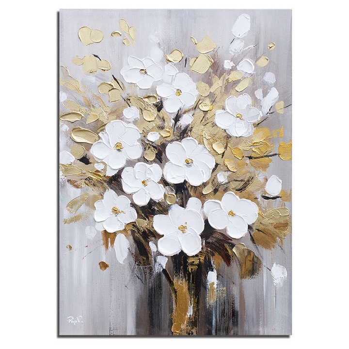 Tablou flori albe cu auriu pictat manual, 70x50cm ulei pe panza in cutit efect 3D, Valentin Pop