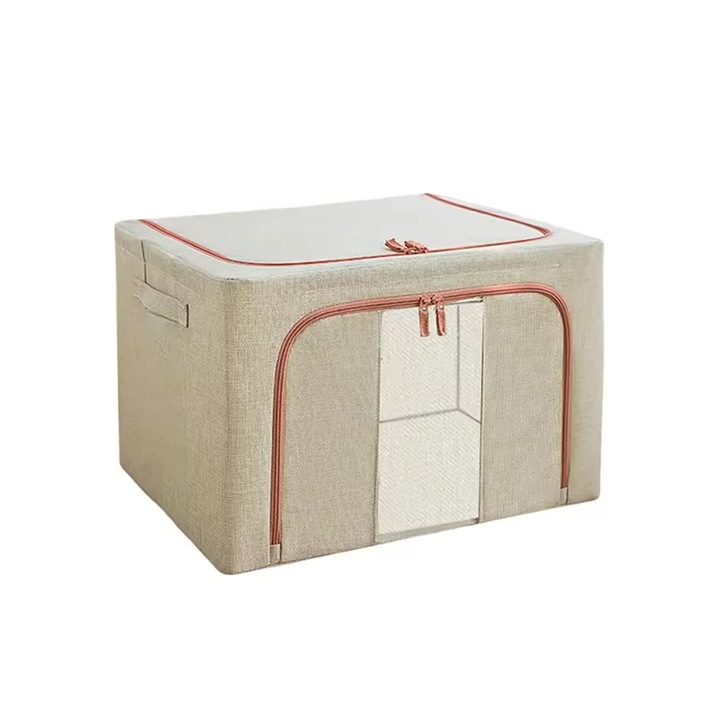 Organizator pentru haine, perne, pilote, jucarii si alte accesorii NEXTLY, 24l, cutie depozitare pliabila cu manere, cadru metalic, fereastra de vizualizare, material respirabil, impermeabil, inchidere cu fermoar, 40x30x20cm, bej