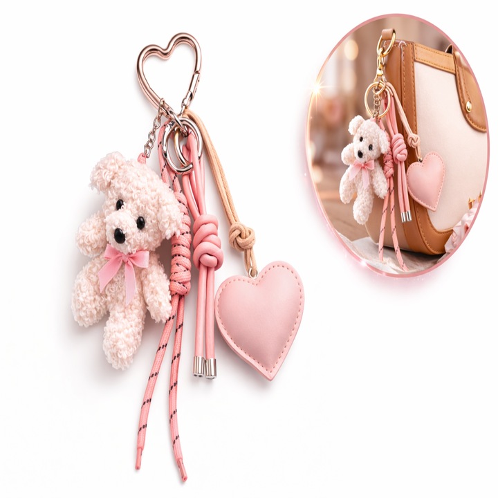 Breloc Geanta Ursulet Roz cu Inima ANTBRO®, Bag Charm Fashion Premium, Accesoriu pentru Geanta / Rucsac, Cadou pentru Fete, 25 cm