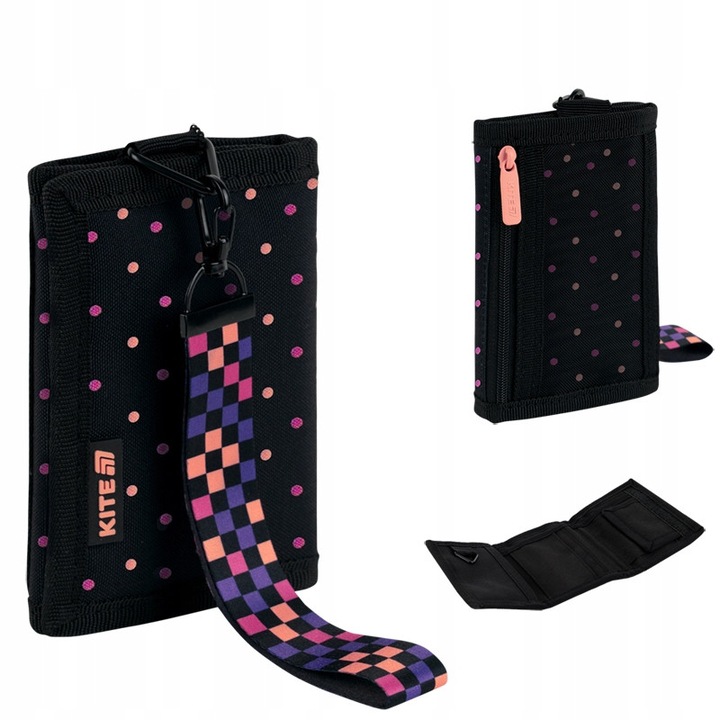 Portofel scolar pentru fete, negru cu buline, cu pandantiv, negru, KIte