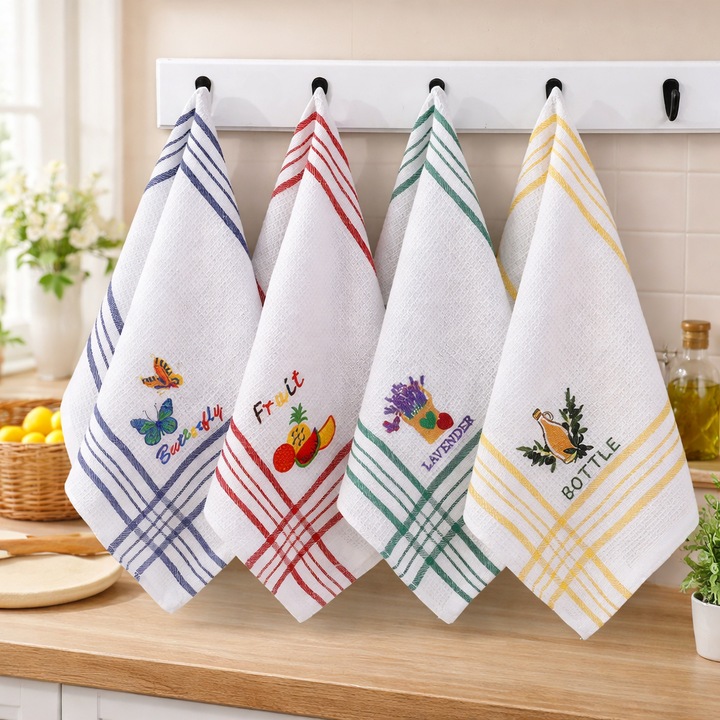 Set 10 Prosoape Bucatarie, NEVERMORE, Bumbac, textura tip fagure, 38x65cm, Multicolor