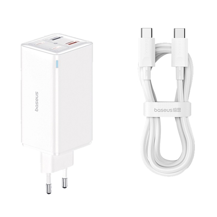 Incarcator de retea Baseus P10162705212-00, 2 porturi USB-C si un port USB, 1E+2 W, cu cablu inclus, culoare Alb