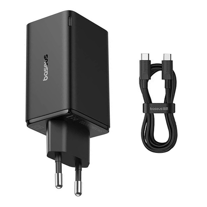 Baseus P10162701113-00 hálózati töltő, 2 USB-C és egy USB port, 65 W, kábellel, fekete színű