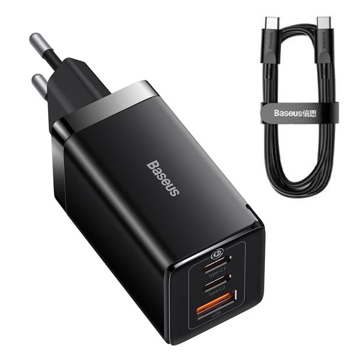Baseus CCGP120201 hálózati töltő, 2 USB-C és egy USB port, 1E+2 W, kábellel, fekete színű