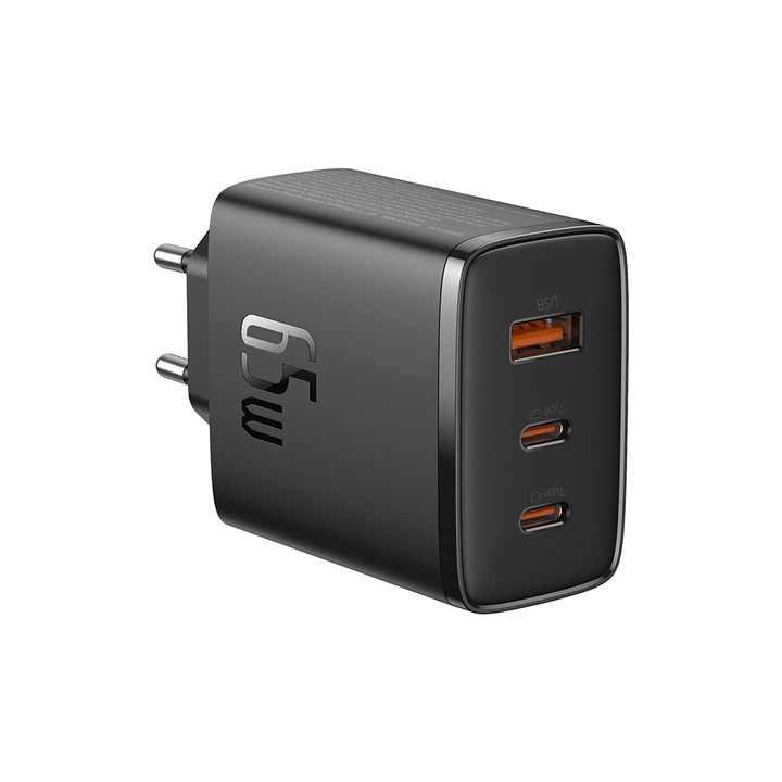 Baseus P10152301113-00 hálózati töltő, 2 USB-C és egy USB port, 65 W, fekete szín