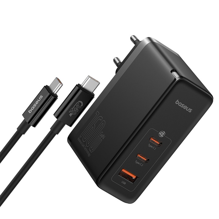 Incarcator de retea Baseus P10110825113-00, 2 porturi USB-C si un port USB, 2.4E+2 W, cu cablu inclus, culoare Negru