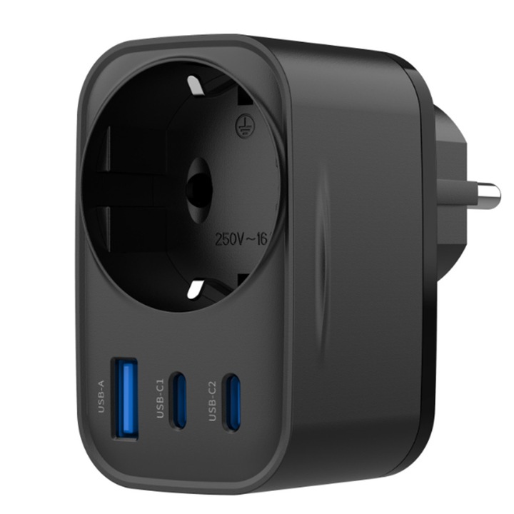 Incarcator de retea Havit UC142 EU, 2 porturi USB-C si un port USB, 3E+1 W, culoare Negru