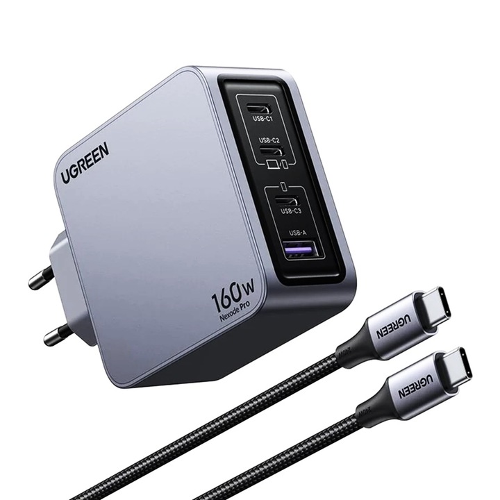 Incarcator de retea Ugreen, 3 porturi USB-C si un port USB, 1.6E+2 W, culoare Gri