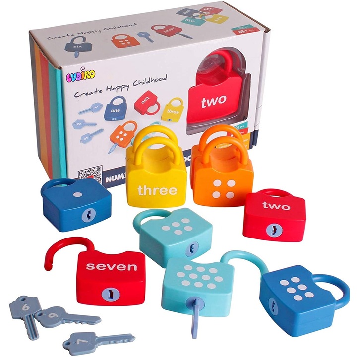 Set Joc Educativ Montessori LUDIRO, Lacate si Chei pentru Invatarea Cifrelor 1-10, 20 Piese, Abilitati Matematice si Motrice, Design Ergonomic, Plastic fara BPA, 3+ Ani, Multicolor